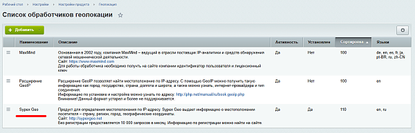 Список обработчиков геолокации