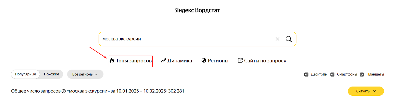 Раздел топовых запросов Яндекс Вордстат