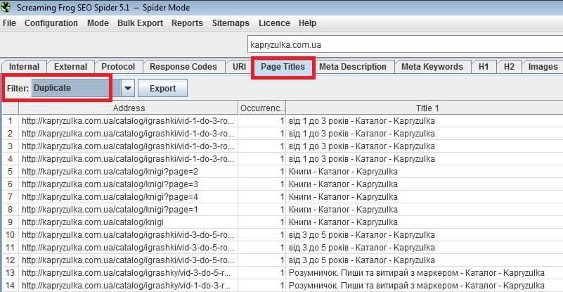 Дубликаты в Screaming Frog